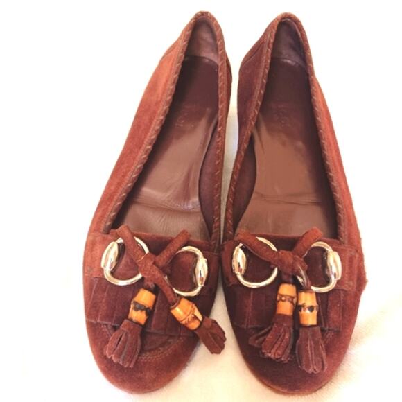 Gucci Horsebit Loafers Sz 6.5 B Suede Leather Bamboo Tassel Glam Italy has Flaw - Picture 5 of 14